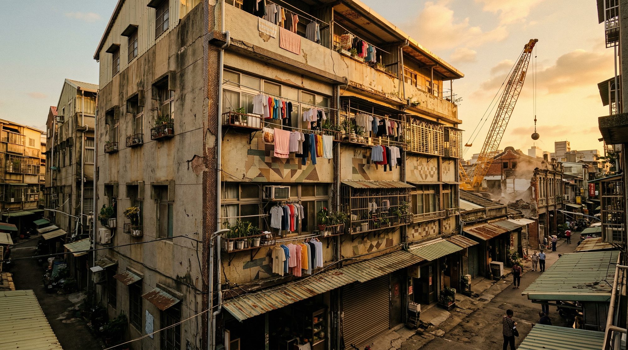 Illustration of older buildings and urban redevelopment