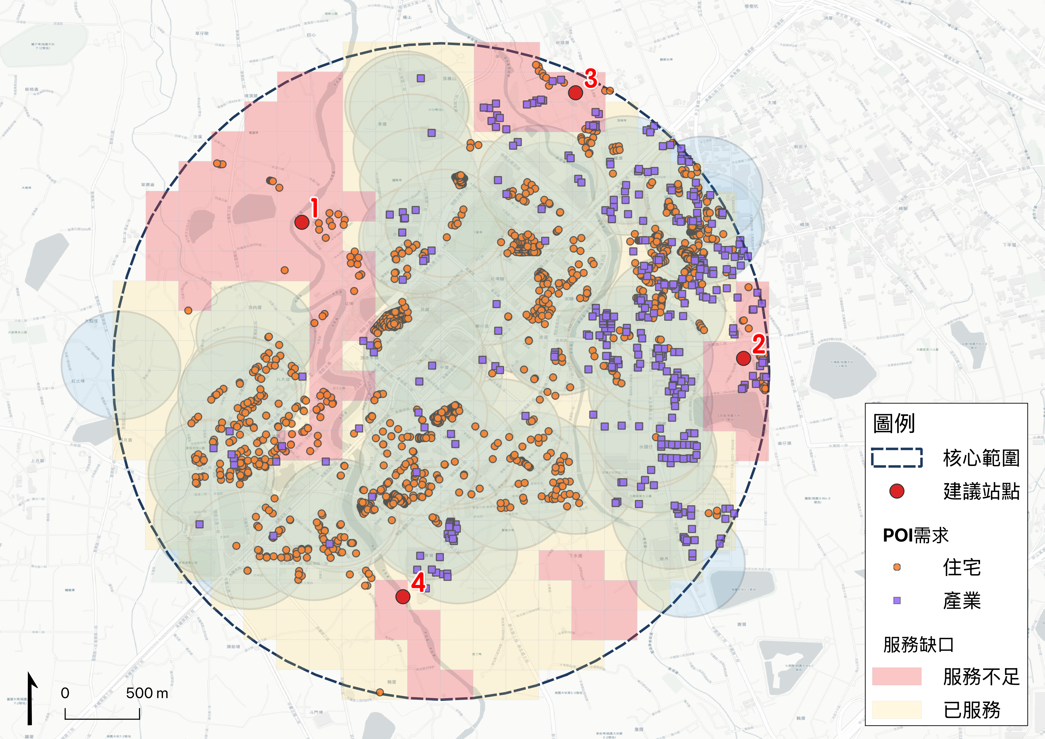 Service gaps overlaid with residential and employment POI demand.
