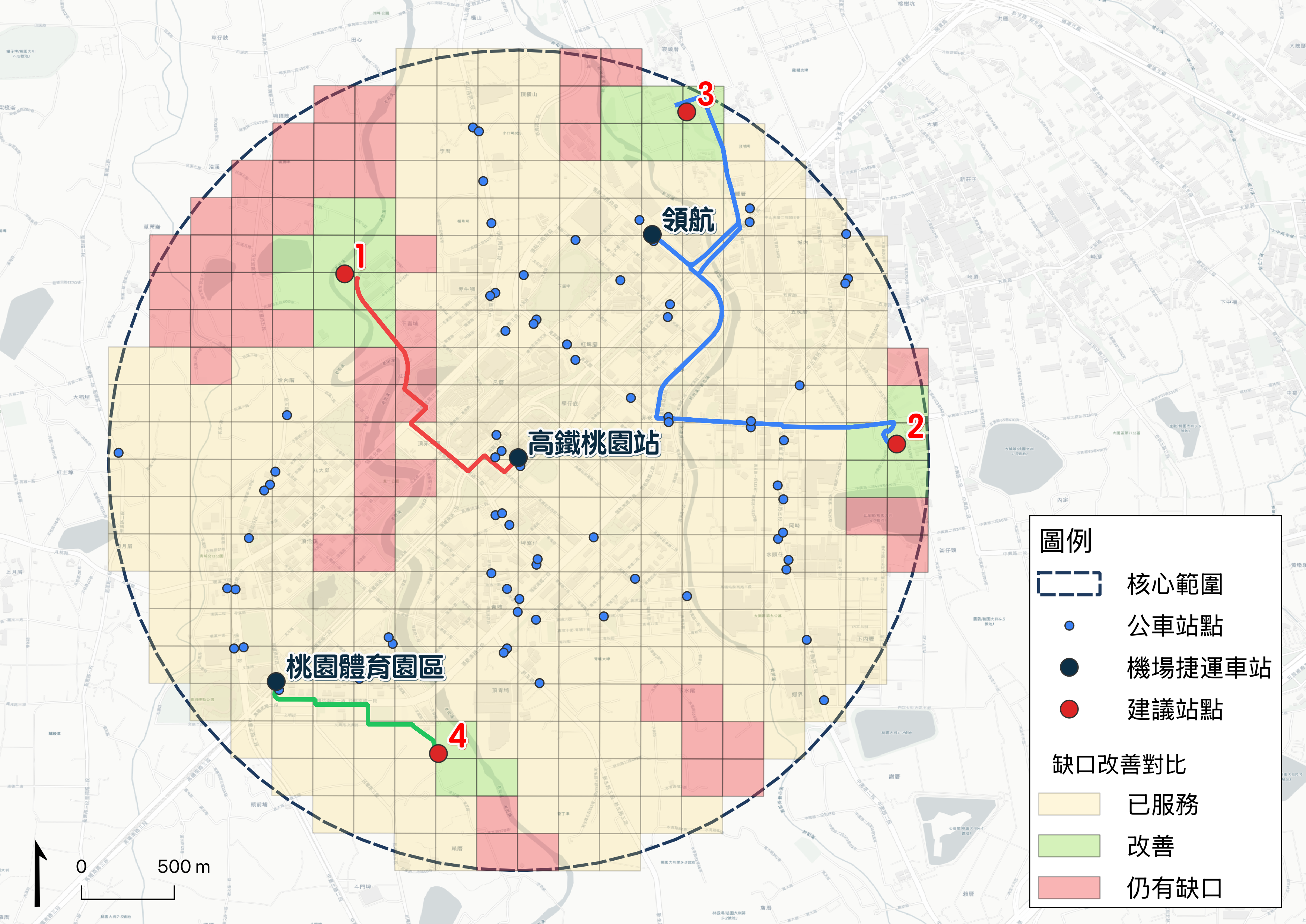 Coverage improvement after adding proposed stops: green cells indicate newly covered areas.