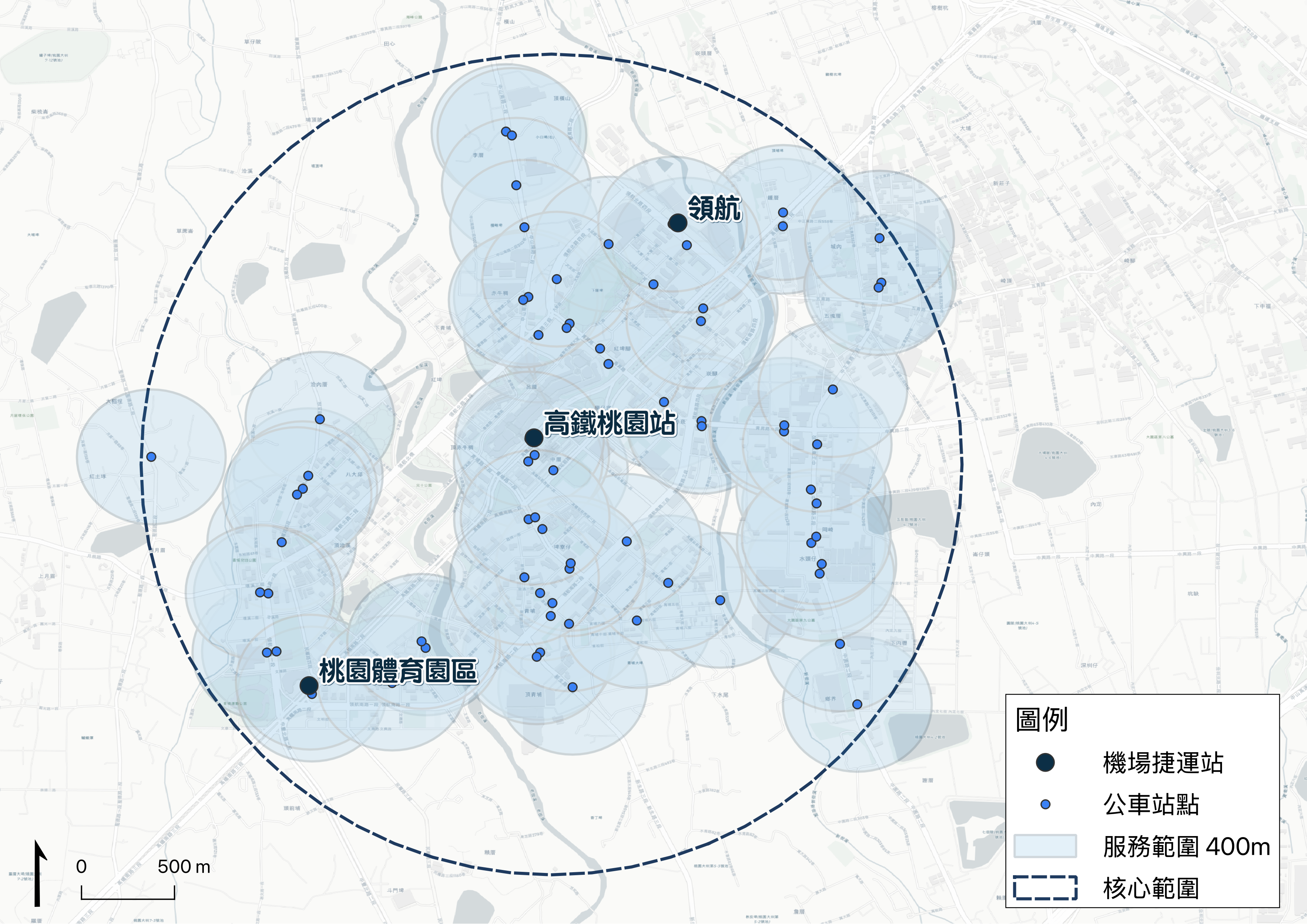 Step 1 · Confirm demand: existing bus stops and 400m service coverage.