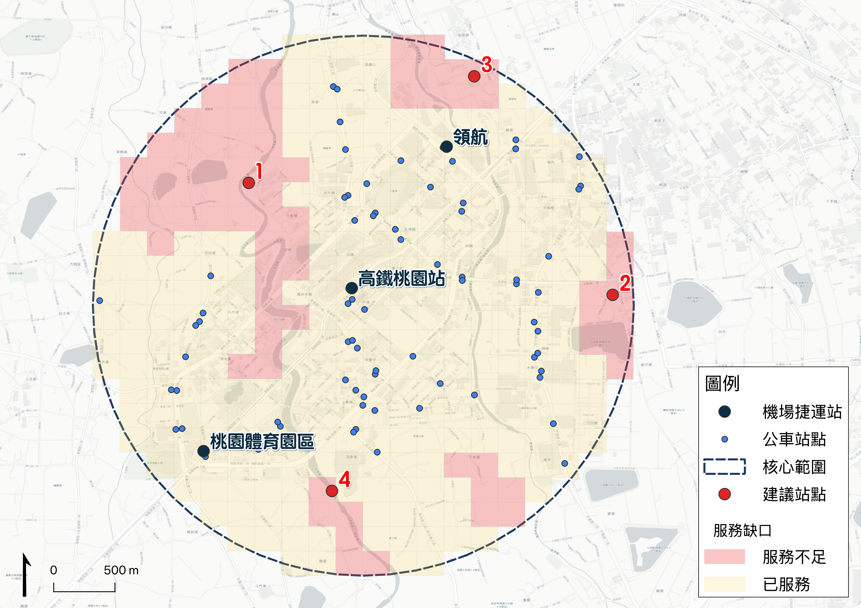 Step 2 · Locate gaps: uncovered 200m analysis cells and service-gap clusters.