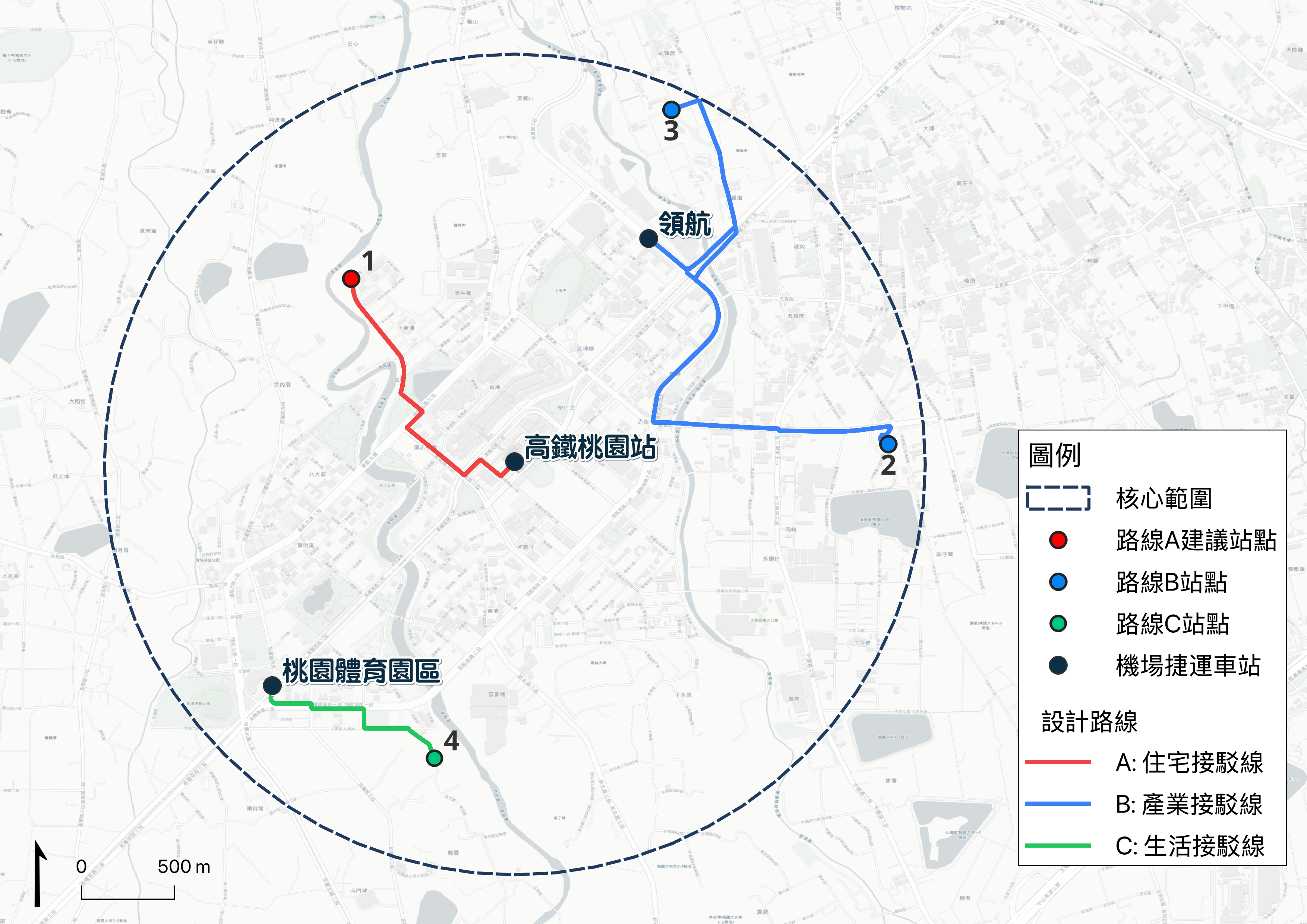 Step 4 · Design routes: three proposed shuttle routes linking rail stations and service gaps.